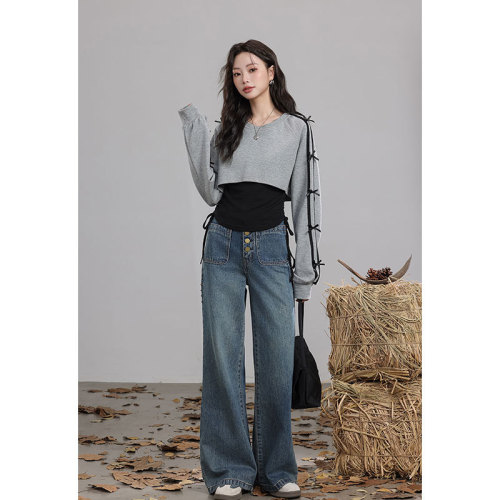 Korean foreign trade original quality short long-sleeved sweatshirt for women autumn new gray top with black slimming vest