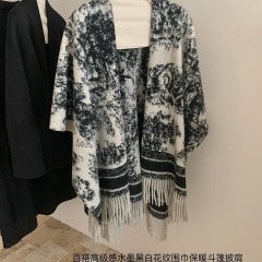 by onion 水墨黑白花紋圍巾冬季圍脖韓版百搭高級感保暖披肩