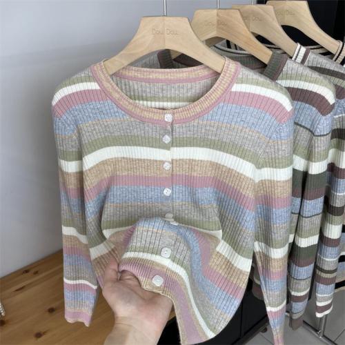 Korean style low round neck contrast striped sweater for women early autumn new versatile cardigan button jacket