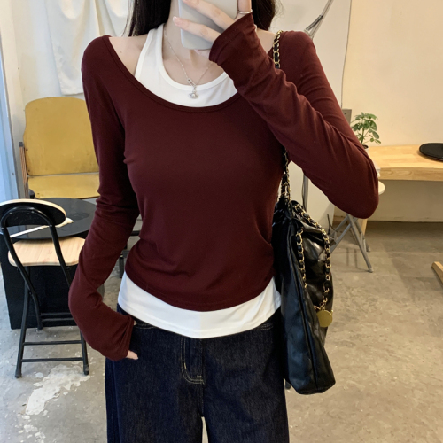 Contrast color fake two-piece U-neck long-sleeved T-shirt for women 2024 autumn smocked waist and layered bottoming top
