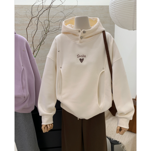 Design niche embroidery love smile hooded sweatshirt women's autumn and winter velvet thickened loose top