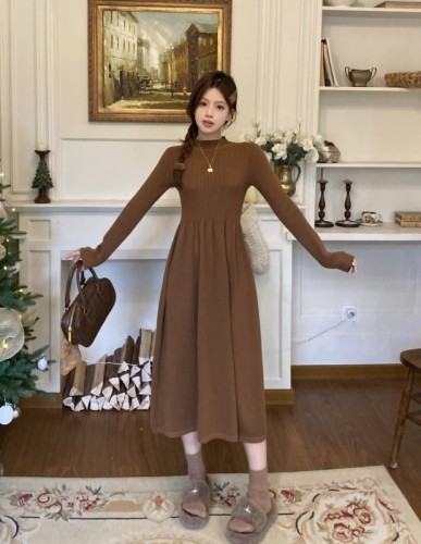 Knitted inner bottoming long-sleeved dress winter drapey long dress for women