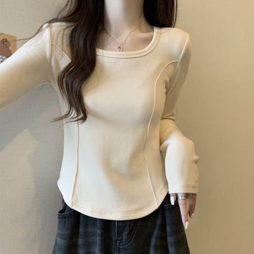 U-neck long-sleeved T-shirt for women 2024 autumn and winter new fishbone design slim fit bottoming shirt short top