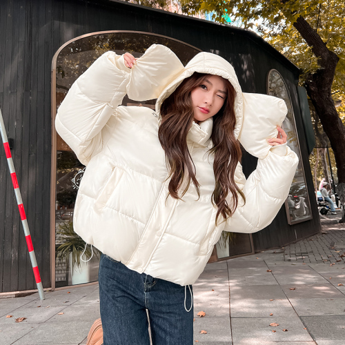 Real shot of short down cotton coat for women 2024 new style cotton coat with big ears hooded thickened warm bread coat trendy