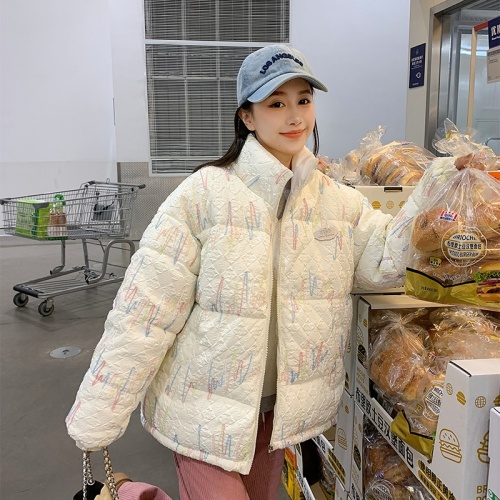 Real shot of rainbow crumpled new style down-padded jacket for women, short style Korean fashion loose student bread coat and cotton-padded jacket