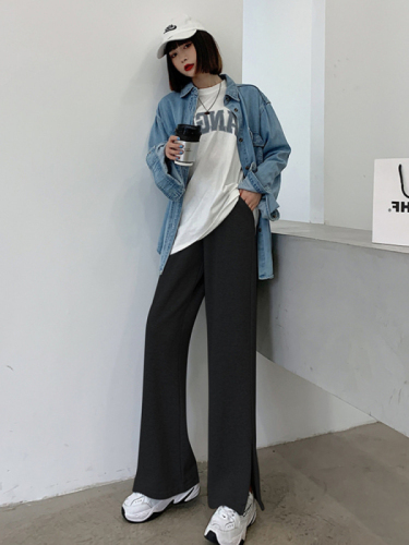 Versatile gray sweatpants women's trendy sweatpants spring and autumn new loose high-waisted straight casual slit trousers