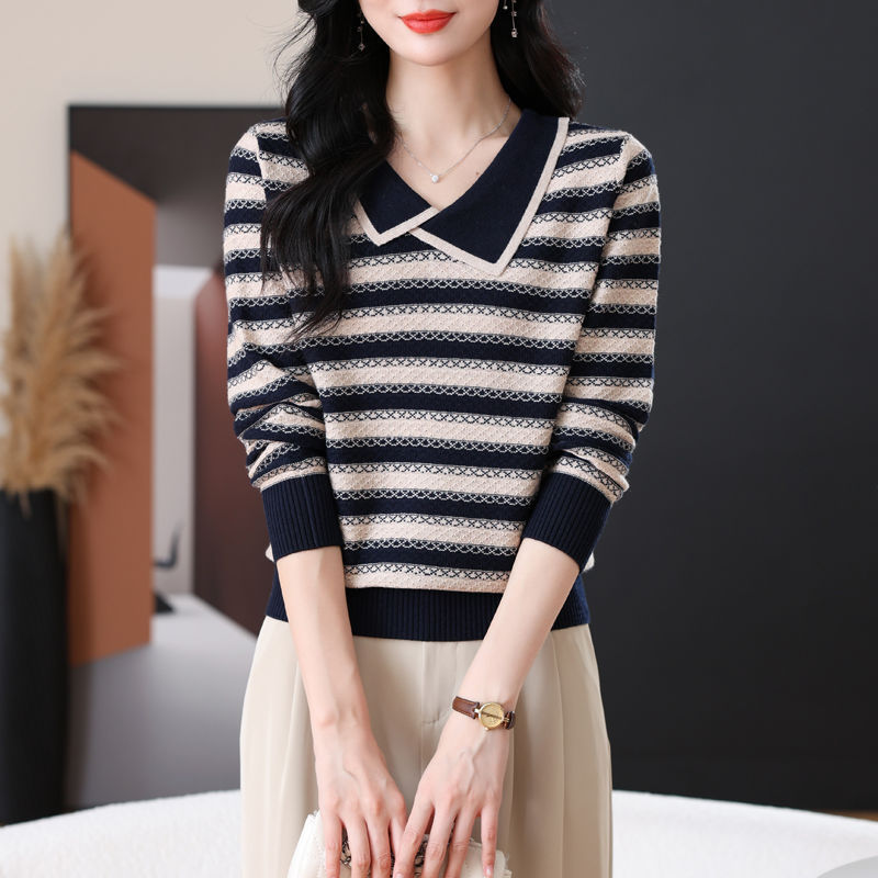 Autumn Fashion Striped New Autumn and Winter Knitted Sweater Lapel Sweater Fashionable Women's Bottoming Slim Loose Top Women
