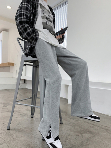 Versatile gray sweatpants women's trendy sweatpants spring and autumn new loose high-waisted straight casual slit trousers