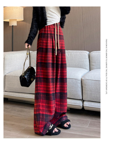 Plaid pants for women in spring, autumn and winter new style high-waisted loose casual slim wide-leg pants