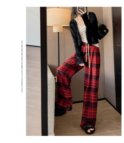 Plaid pants for women in spring, autumn and winter new style high-waisted loose casual slim wide-leg pants