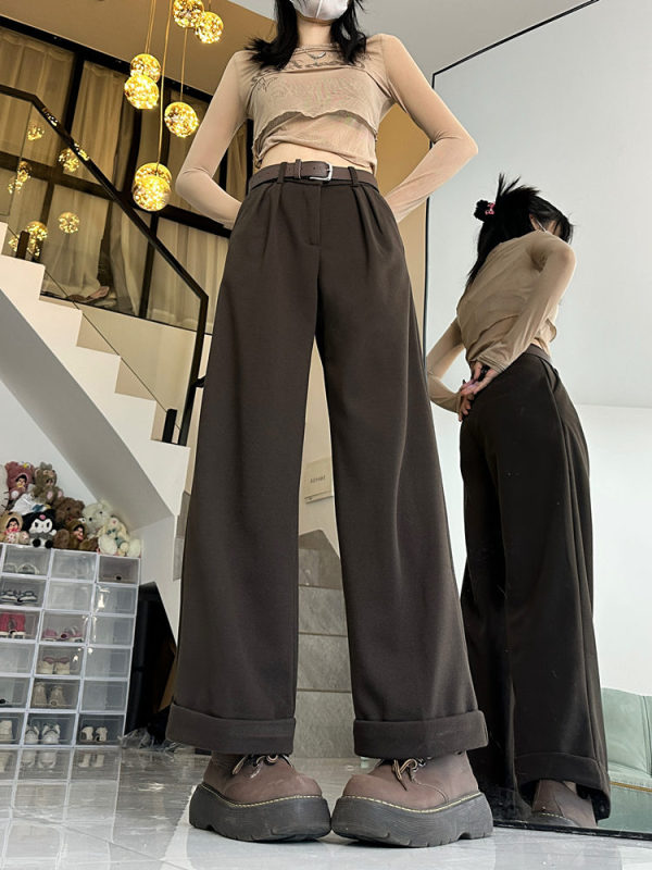 New style woolen casual pants for women, high-waisted, slim, loose, wide-leg, straight, drapey trousers for women