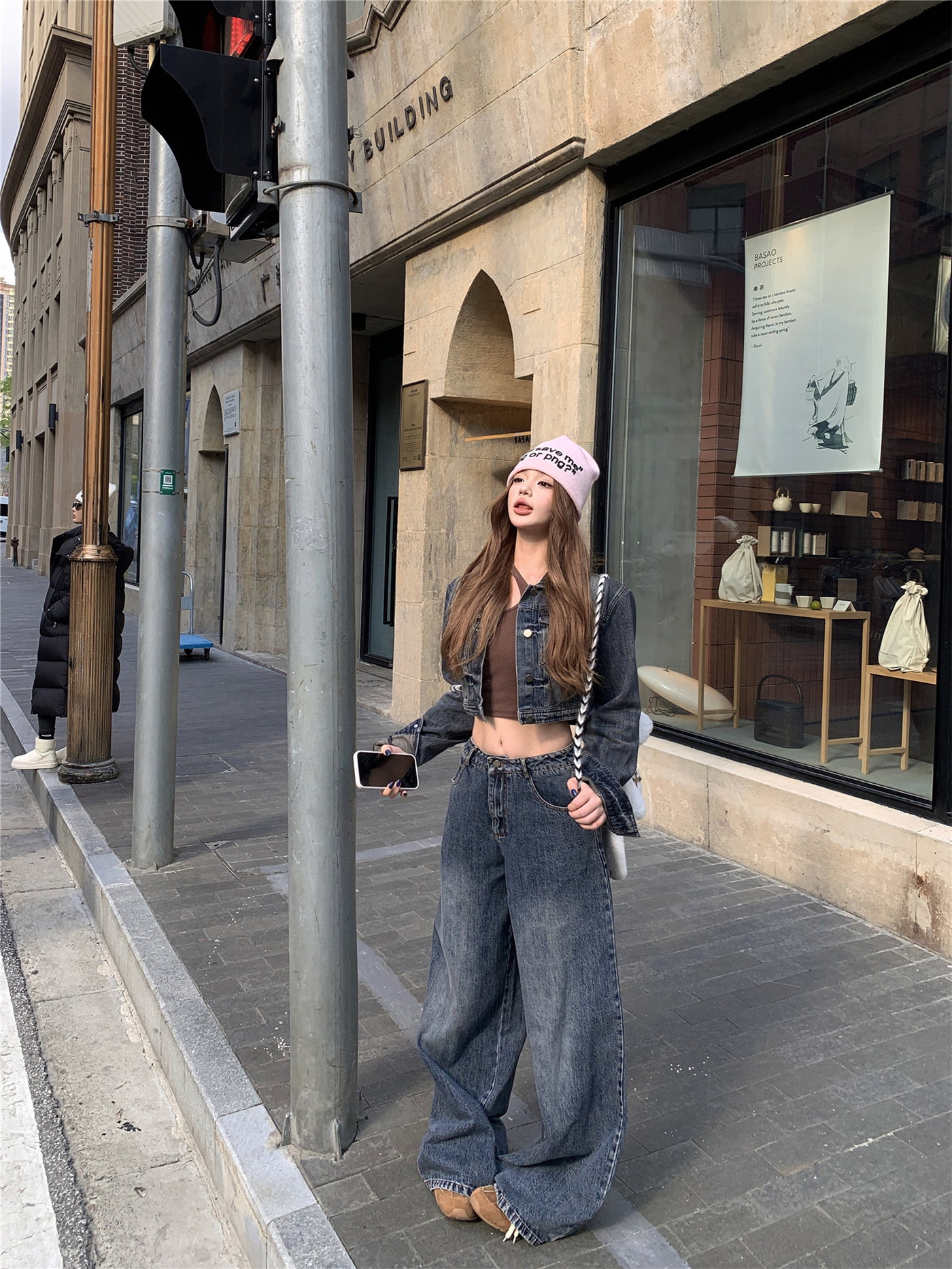 Real shot!  American Hot Girl Jacket Denim Jacket Women's Loose Slim High Waist Straight Wide Leg Pants Suit Trendy