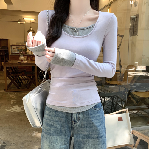 Fake two-piece long-sleeved T-shirt bottoming shirt for women 2024 autumn and winter new style foreign-style slim-fitting inner layering slim-fitting top