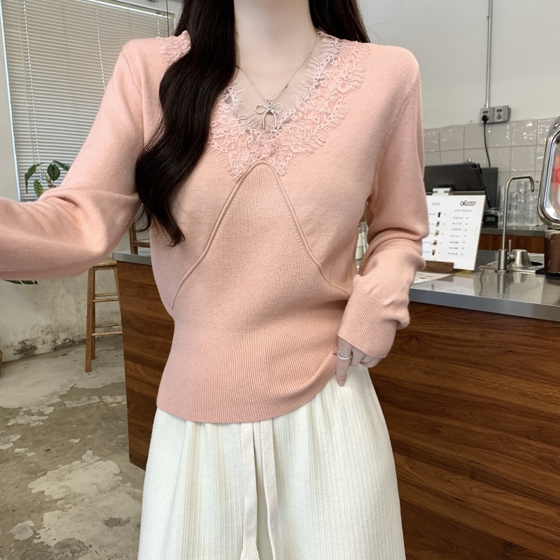 French lace splicing V-neck sweater for women 2024 autumn and winter western-style inner layering shirt high-end long-sleeved sweater
