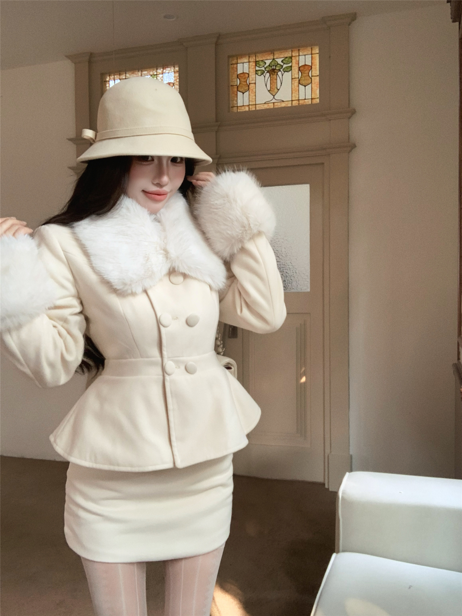 Real shot!  "Plutocratic Daughter" two-color fur collar, high-end, heavy-duty waist-cinching woolen jacket and skirt suit for women