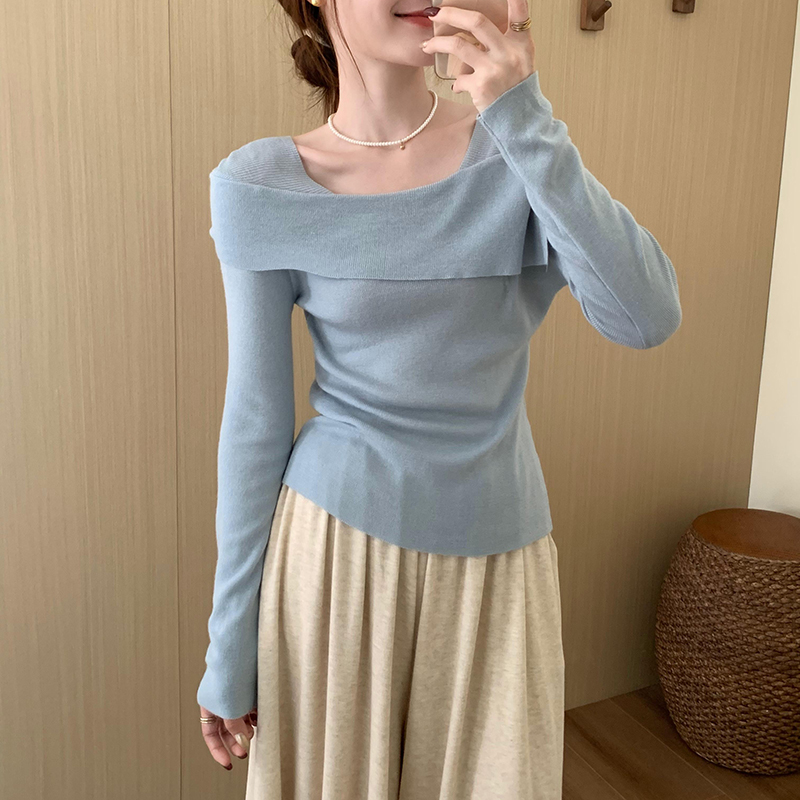 Sweet and Elegant Off-the-Shoulder False Two-Piece Lady's Top 2024 Autumn New Korean Version Versatile Fitting Slimming Knit Top