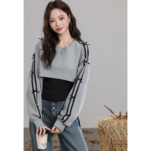 Korean foreign trade original quality short long-sleeved sweatshirt for women autumn new gray top with black slimming vest