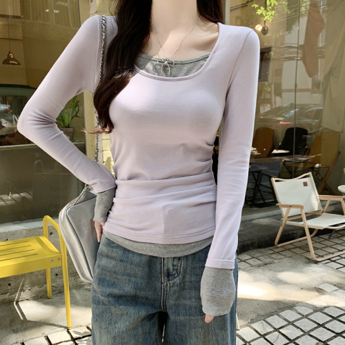 Fake two-piece long-sleeved T-shirt bottoming shirt for women 2024 autumn and winter new style foreign-style slim-fitting inner layering slim-fitting top