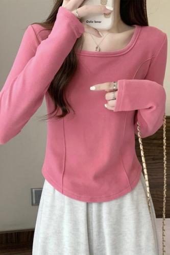 U-neck long-sleeved T-shirt for women 2024 autumn and winter new fishbone design slim fit bottoming shirt short top
