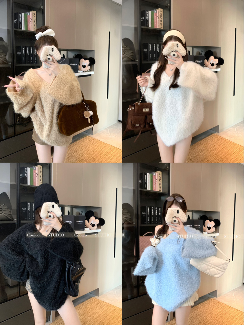 Photographed~Lazy Style V-Neck Sweatshirt for Autumn/Winter, Soft and Loose Medium-Long Length Top