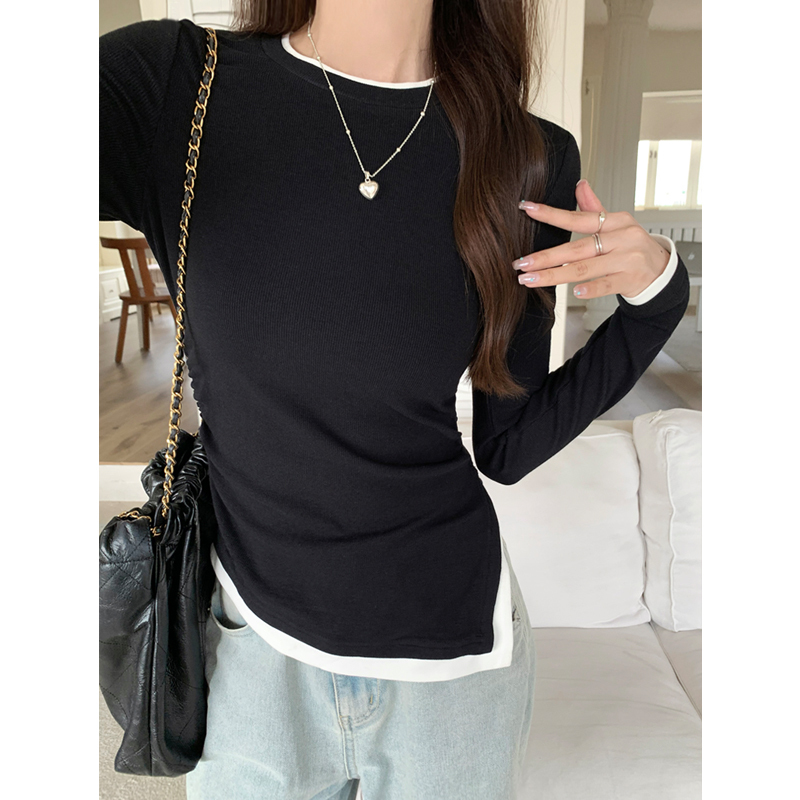 Bottoming shirt, women's long-sleeved T-shirt, Korean version, versatile, slimming, fake two-piece T-shirt, irregular splicing top