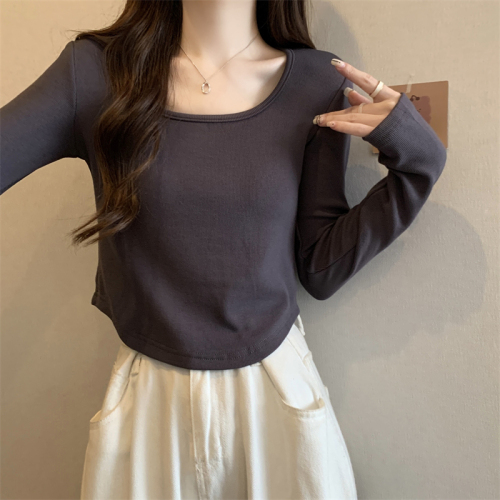 Real shot Autumn and winter solid color versatile exposed collarbone U-neck elastic plus velvet bottoming shirt long-sleeved T-shirt