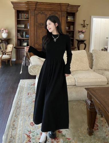 Knitted inner bottoming long-sleeved dress winter drapey long dress for women