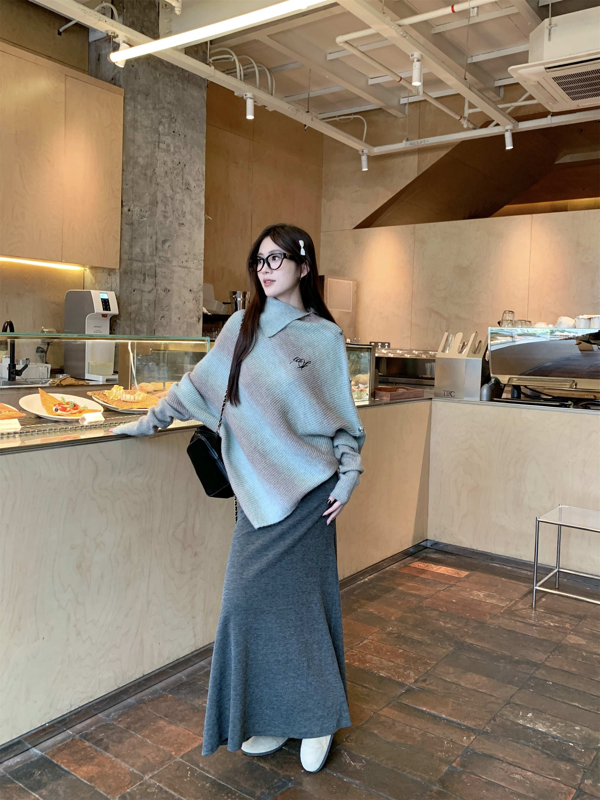 Real shot~ Autumn and winter design high neck irregular loose cloak sweater outer two-piece set for women 