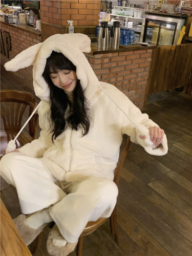 Moving bunny ears plus velvet hooded cotton coat for women winter new small thickened plush coat