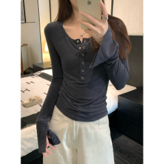 Actual shot of autumn and winter Korean style round neck versatile multi-button design slimming long-sleeved inner T-shirt top