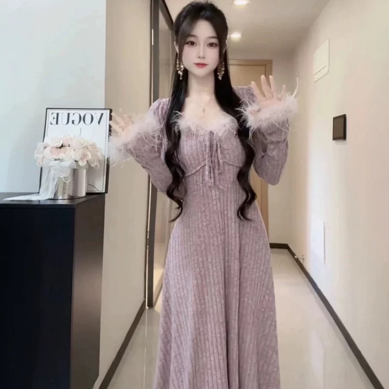 French style autumn and winter long-sleeved dress 2024 high-end new slimming fashion design sense undergarment long skirt 
