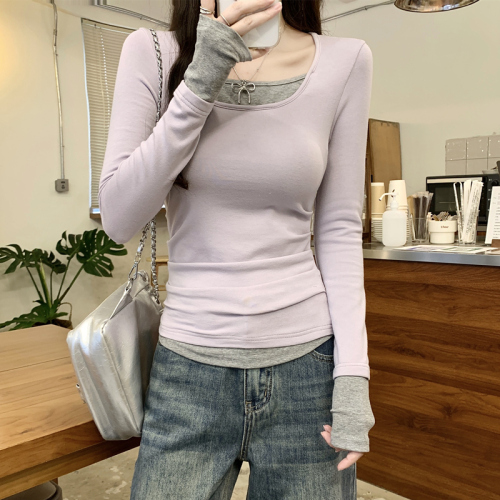 Fake two-piece long-sleeved T-shirt bottoming shirt for women 2024 autumn and winter new style foreign-style slim-fitting inner layering slim-fitting top
