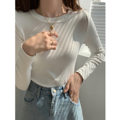 Women's long-sleeved bottoming shirt Korean style versatile slimming solid color round neck brushed thickened top