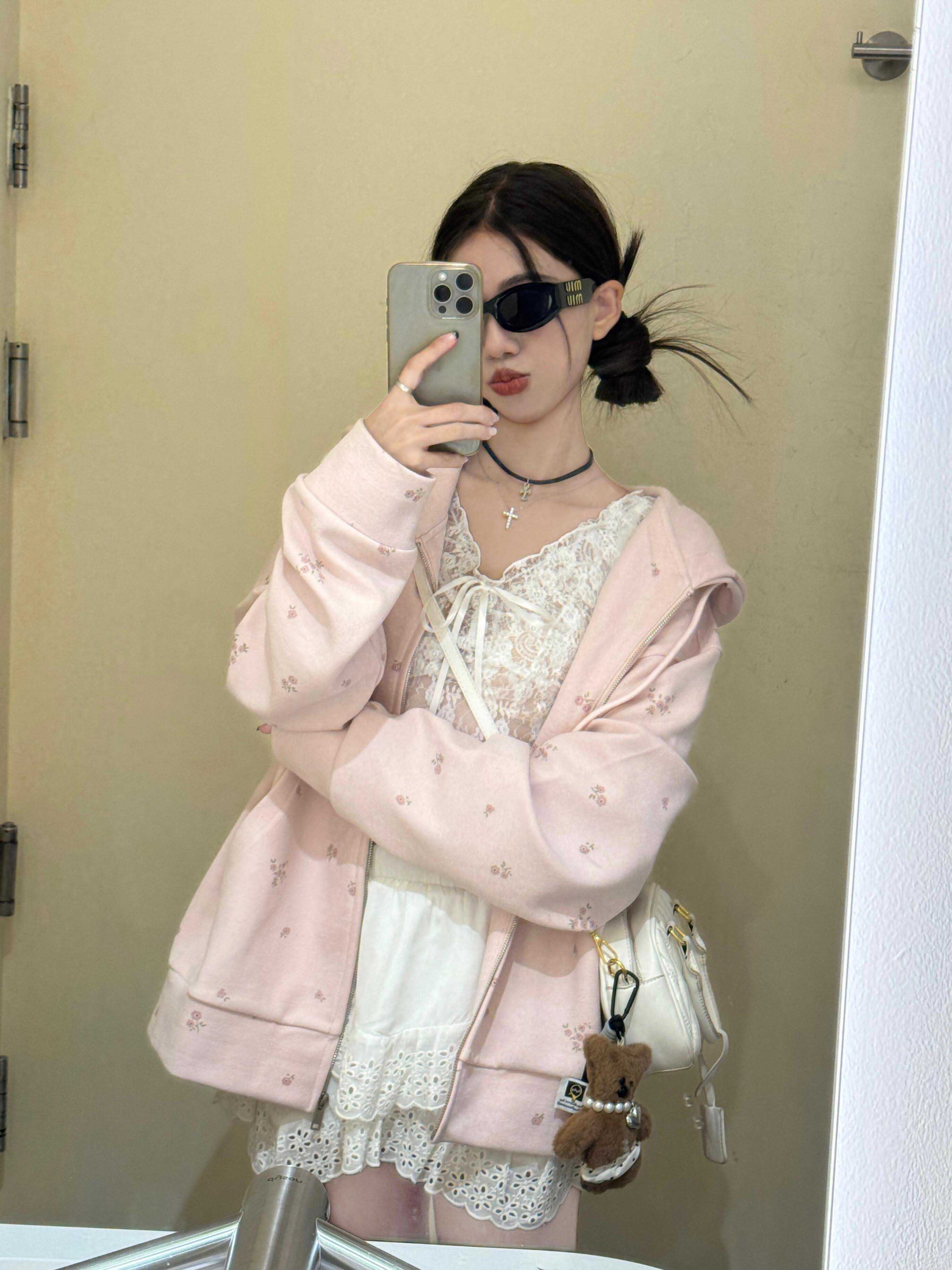 Chinese cotton composite milk silk bow cute hooded sweatshirt for women autumn loose zipper thin coat