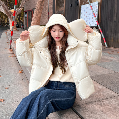 Real shot of short down cotton coat for women 2024 new style cotton coat with big ears hooded thickened warm bread coat trendy