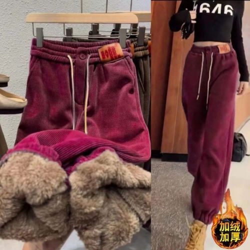 Corduroy pants for women in autumn and winter, plus velvet and thickened brown cotton pants, wide-leg casual pajamas, sweatpants, Maillard pants, coffee color