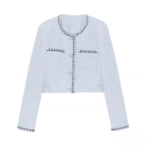 French tweed short blue ladylike style slim single-breasted round-neck cardigan jacket