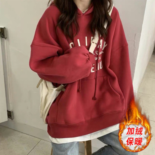 Velvet hooded sweatshirt for women ins super popular autumn and winter new loose Korean style trendy cec hoodie internet celebrity trend