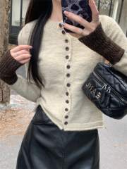 實拍 秋冬新款撞色針織衫女軟糯開衫毛衣圓領長袖慵懶風上衣