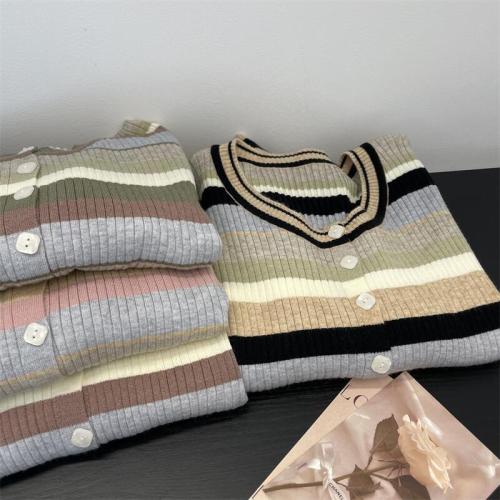 Korean style low round neck contrast striped sweater for women early autumn new versatile cardigan button jacket