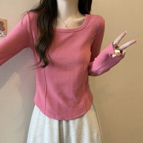 U-neck long-sleeved T-shirt for women 2024 autumn and winter new fishbone design slim fit bottoming shirt short top