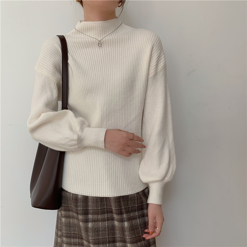2024 new bottoming half turtleneck solid color lantern sleeve Korean style knitted sweater top for women