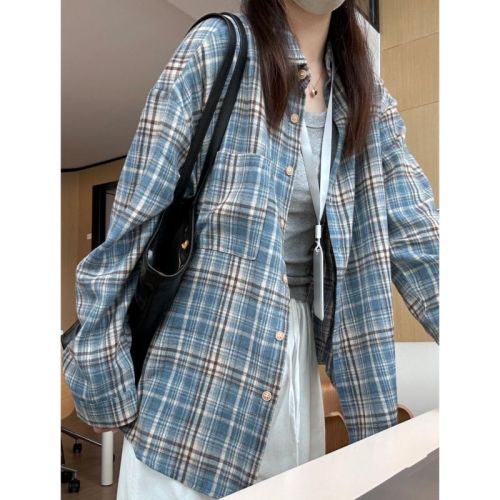 Brushed blue plaid long-sleeved shirt jacket for women 2024 early autumn new French retro temperament top design