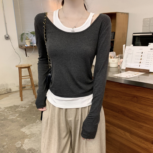 Contrast color fake two-piece U-neck long-sleeved T-shirt for women 2024 autumn smocked waist and layered bottoming top