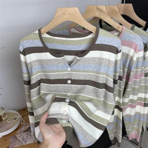 Autumn and winter new Korean Andy velvet anti-pilling color striped knitted cardigan long-sleeved loose sweater for women