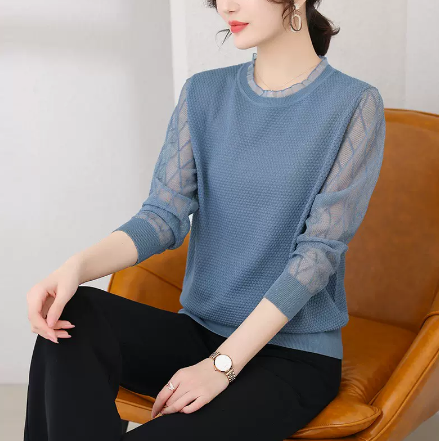 Middle-aged mother's autumn long-sleeved T-shirt for women, ice silk top, fashionable spring and autumn new bottoming shirt, thin knitted sweater for women