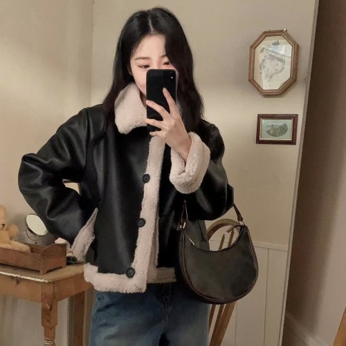 Korean chic winter new retro simple short fur one-piece jacket