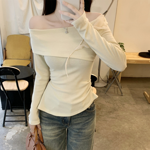 2024 new autumn Korean chic flower design niche round neck long sleeve slim short knitted T-shirt for women