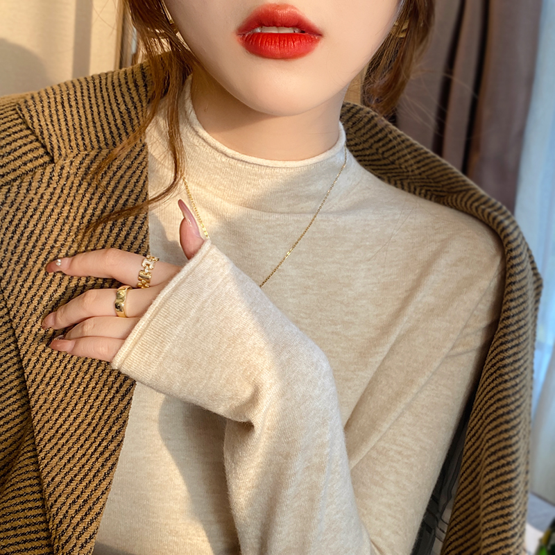 Wool bottoming shirt for women, high-end gray turtleneck sweater, mid-collar knitted top