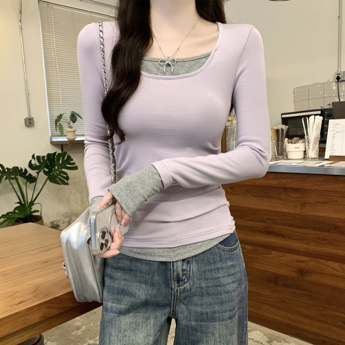 Fake two-piece long-sleeved T-shirt bottoming shirt for women 2024 autumn and winter new style foreign-style slim-fitting inner layering slim-fitting top
